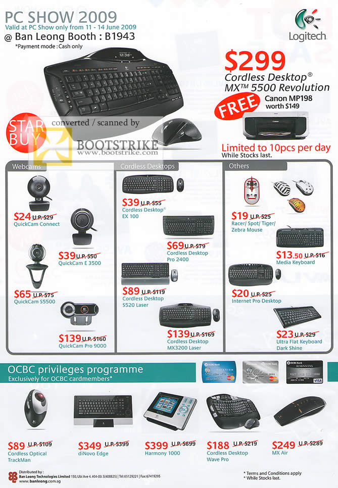 PC Show 2009 price list image brochure of Logitech Cordless Desktop MX 5500 Mouse Cordless QuickCam Desktop Laser Media Keyboard