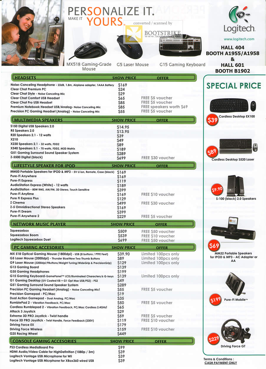 PC Show 2009 price list image brochure of Logitech Headset Speakers Network Music Player Gaming Accessories