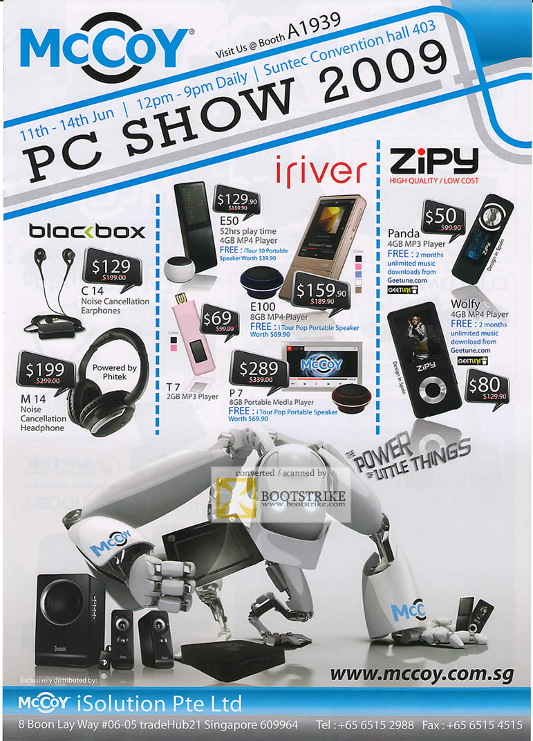 PC Show 2009 price list image brochure of Mccoy Blocbox Iriver Zipy MP4 Player Mp3 Earphones Headphone