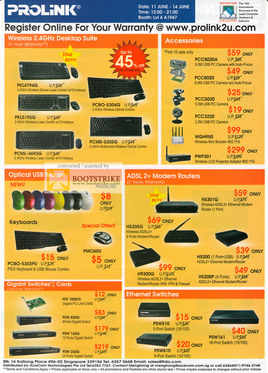 PC Show 2009 price list image brochure of Prolink Wireless Accesssories Optical ADSL Switches Ethernet Gigabit