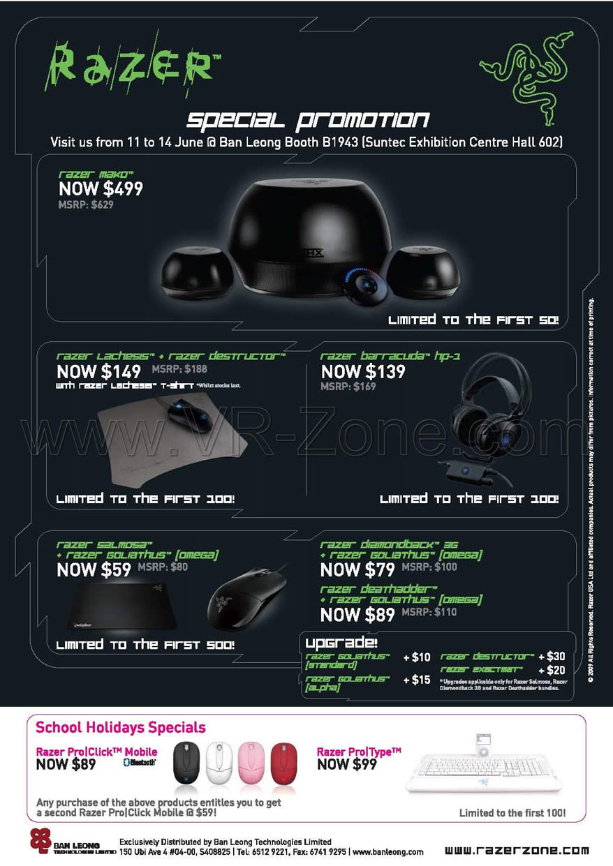 PC Show 2009 price list image brochure of Razer Mako Lachesis Destructor Barracuda Salmosa Goliathus DiamondBack Deathadder ExactMat Ban Leong