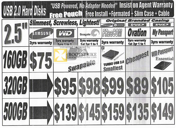 PC Show 2009 price list image brochure of USB 2.0 Hard Disks Samsung WD Seagate FreeCom Ovation Passport