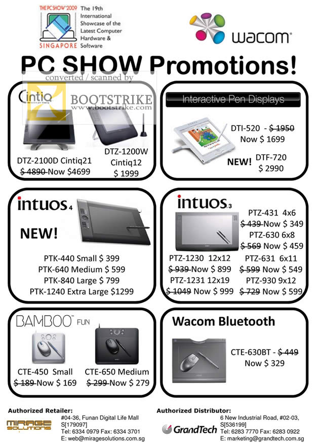 PC Show 2009 price list image brochure of Wacom Cintiq Intuos Bamboo Fun Wacom Bluetooth PTK DTZ DTI CTE