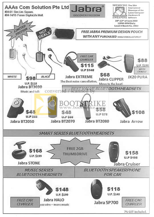 PC Show 2010 price list image brochure of AAAs Com Jabra Bluetooth Headset BT3030 Extreme Pura BT2070 Arrow Stone Cruiser Halo Sp700