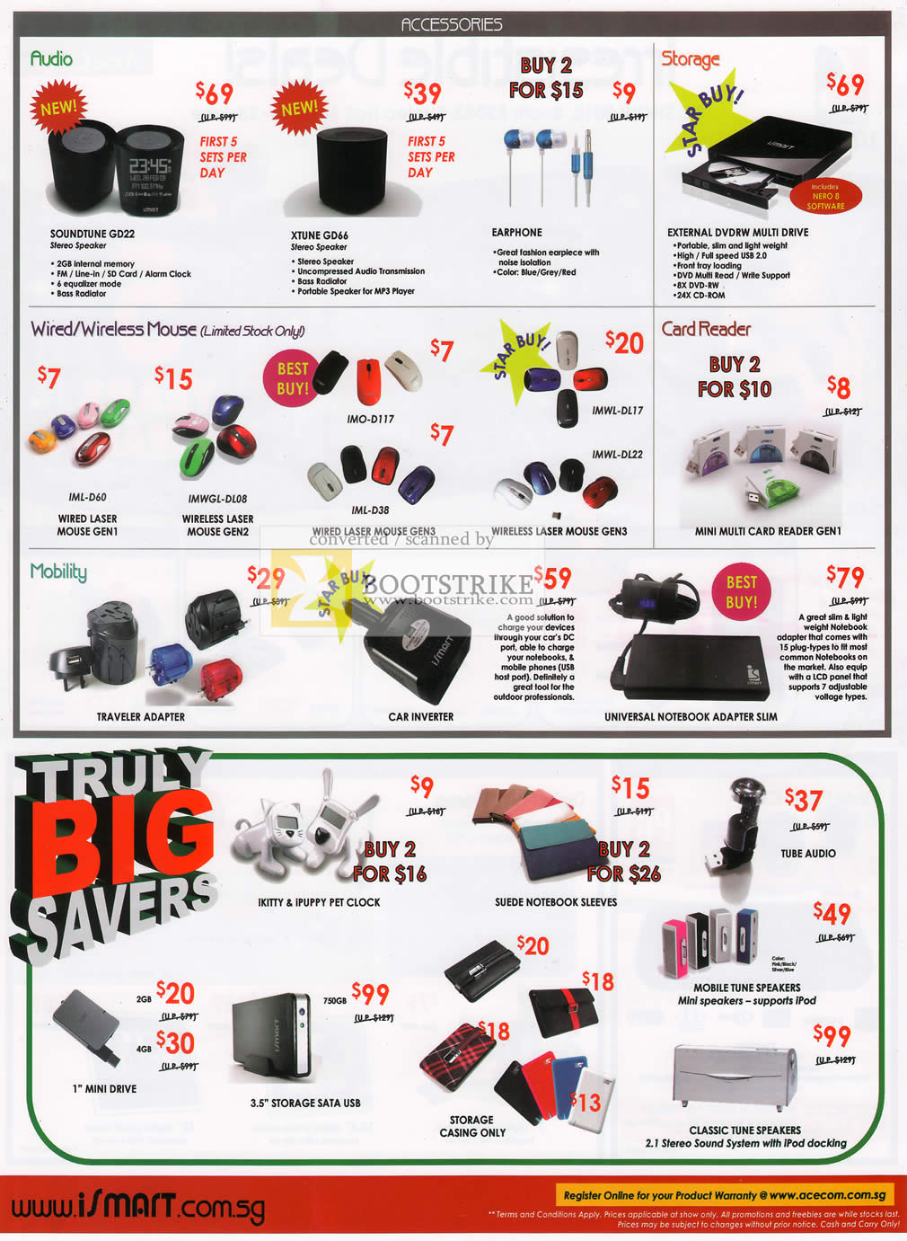 PC Show 2010 price list image brochure of AceCom ISmart Audio Speakers SOundTune XTune Earphone External Storage Wireless Mouse Clock