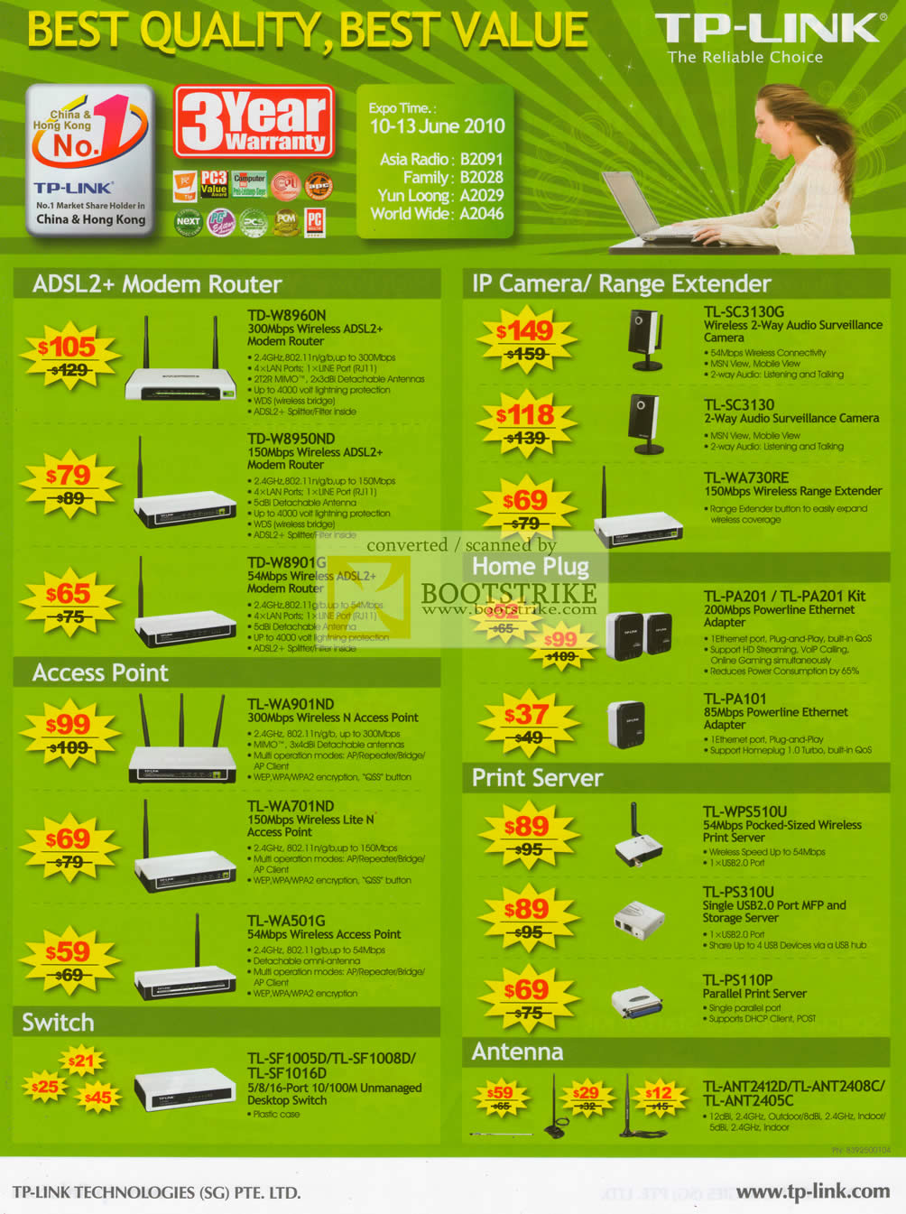 PC Show 2010 price list image brochure of Asia Radio TP Link ADSL Modem Router IPCam Range Extender HomePlug Switch Antenna Print Server