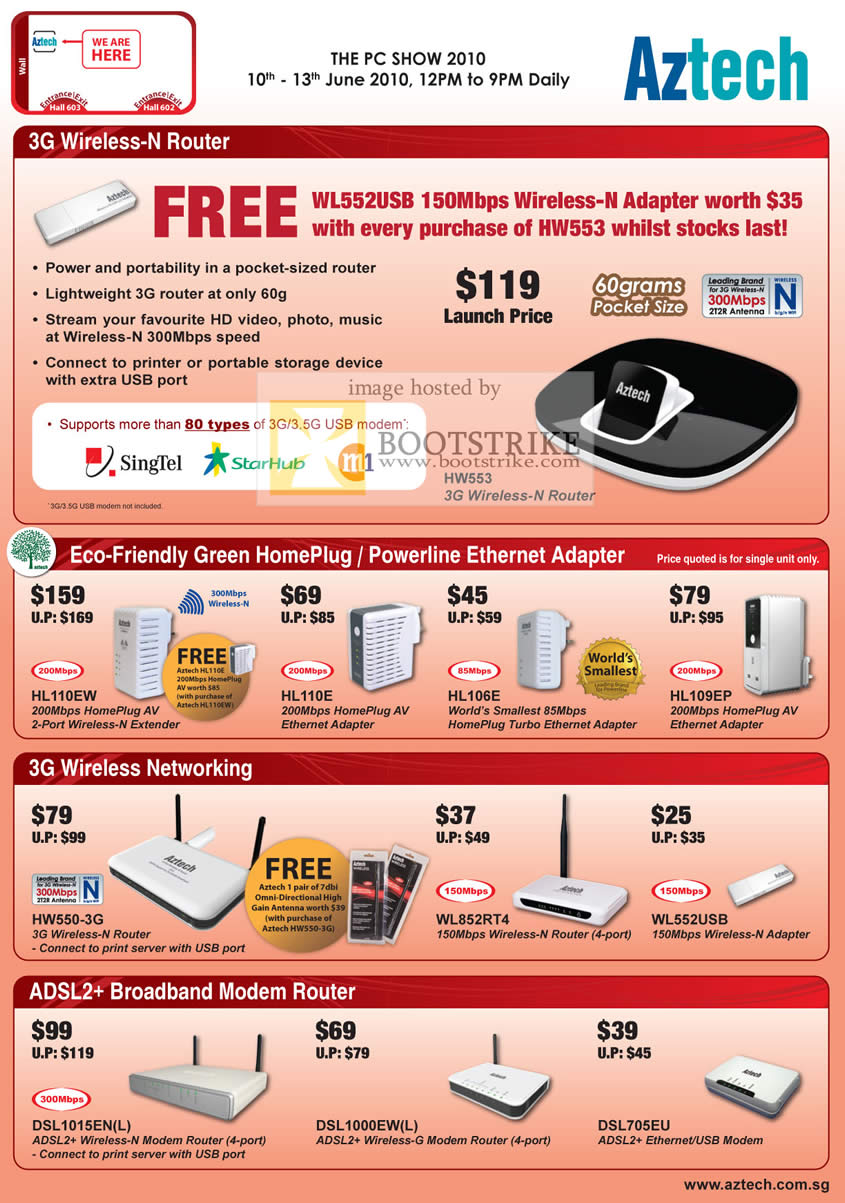 PC Show 2010 price list image brochure of Aztech 3G Wireless N Router HW553 HomePlug HL110EW HL110E HL106E HL109EP HW550 WL852RT4 WL552USB ADSL Modem