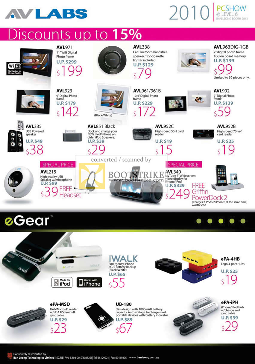 PC Show 2010 price list image brochure of Ban Leong AVLabs Digital Photo Frame Bluetooth Speaker Mic IWalk EPA 4HB MSD UB 180 IPH