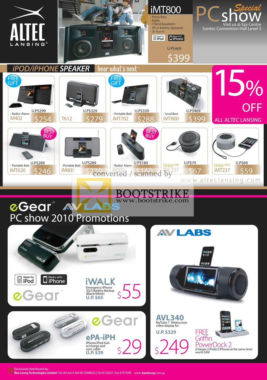 PC Show 2010 price list image brochure of Ban Leong Altec Lansing IPod IPhone Speaker EGear AVLabs MyTube 7 IWalk EPA IPH