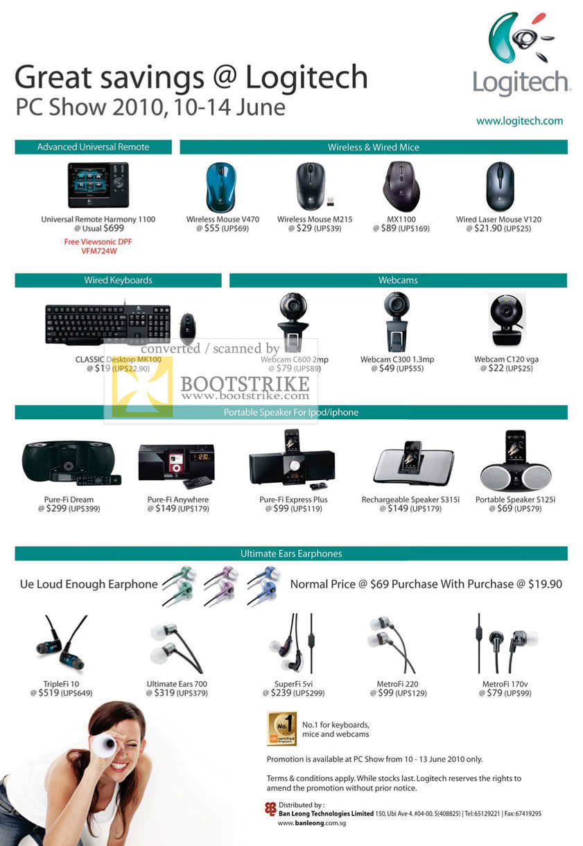 PC Show 2010 price list image brochure of Ban Leong Logitech Universal Remote Mouse Wireless Keyboard Webcam Speaker Ultimate Ears TripleFi SuperFi MetroFi