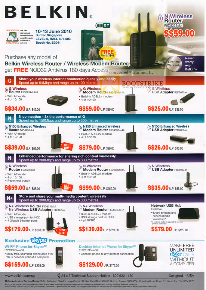 PC Show 2010 price list image brochure of Belkin Wireless G Router Modem USB Adapter N Hub Skype Internet Desktop Phone