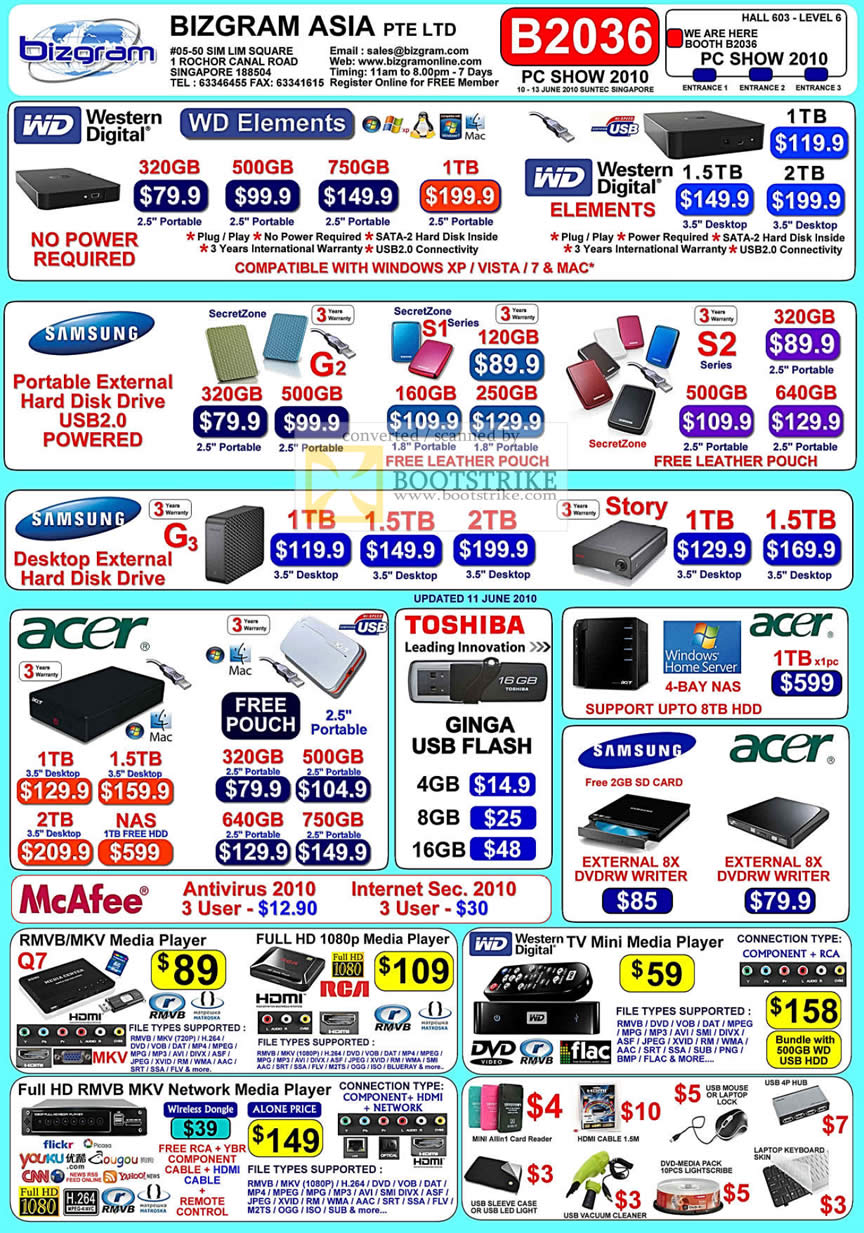 PC Show 2010 price list image brochure of Bizgram Asia External Drive Western Digital Elements Samsung G2 S2 Story Acer Toshiba Ginga Media Player TV Mini