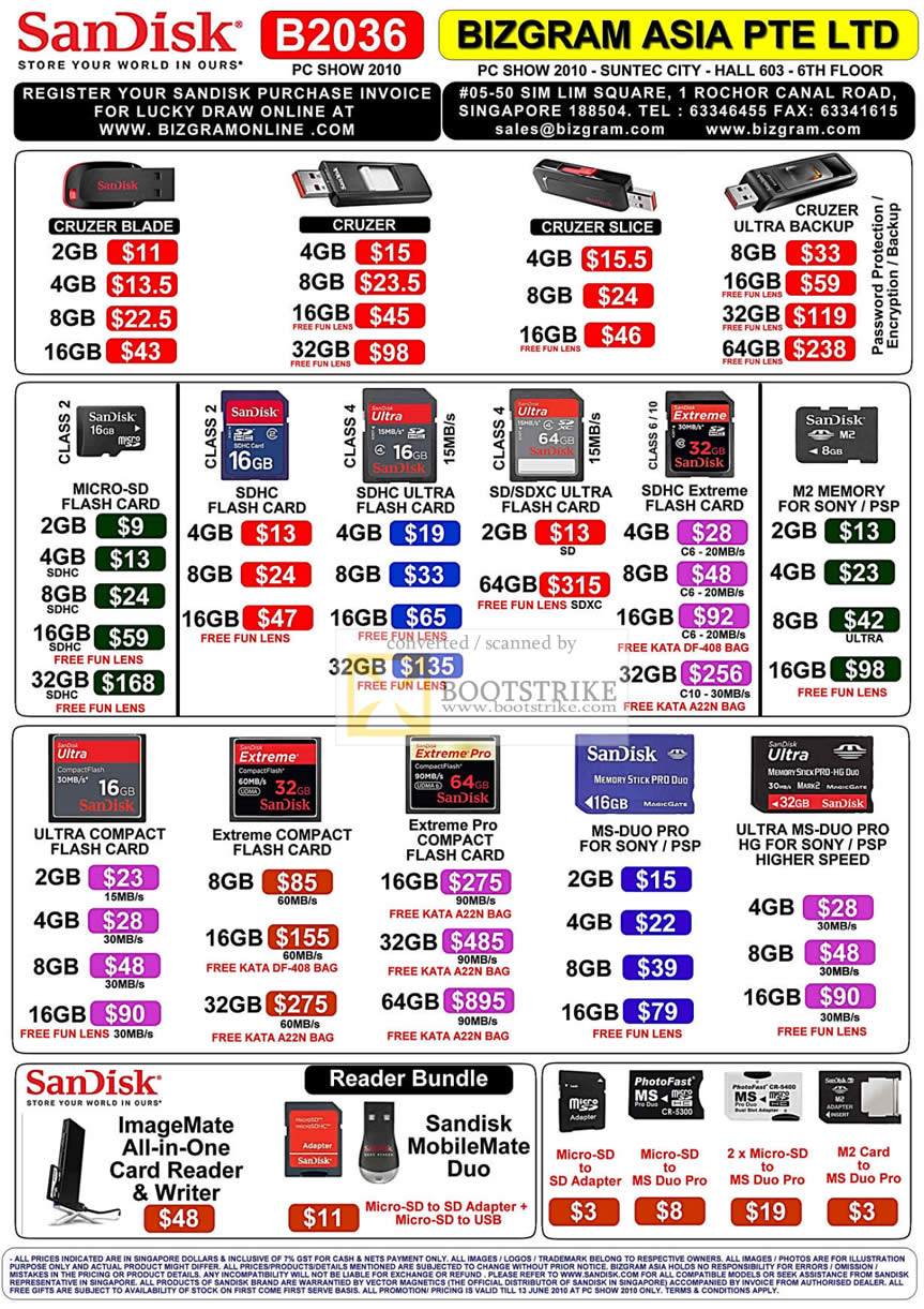 PC Show 2010 price list image brochure of Bizgram Asia Sandisk USB Flash Drive Cruzer Blade Slice Ultra Micro SD SDHC Extreme M2 CF Compact Flash Pro MS Duo