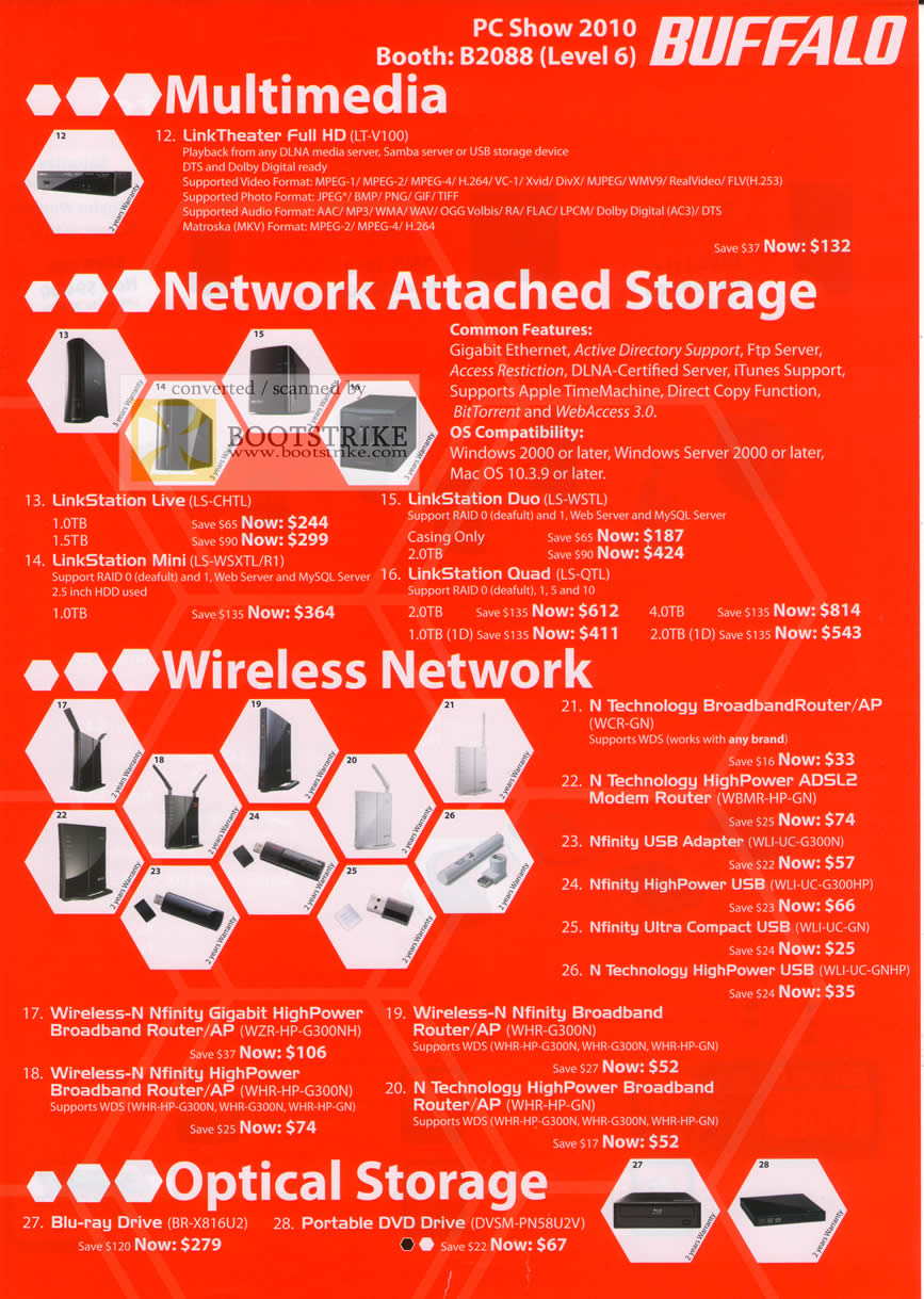 PC Show 2010 price list image brochure of Blumm Buffalo LinkTheater External Storage NAS LinkStation Live Mini Duo Quad N USB Adapter HighPower Nfinity