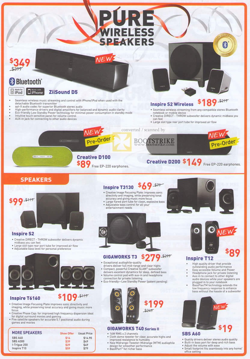 PC Show 2010 price list image brochure of C20 Corp Creative ZiiSound D5 Inspire S2 Wireless D100 D200 Inspire T3130 S3 T12 T6160 Gigaworks T3 T40 SBS A60 A40 A300