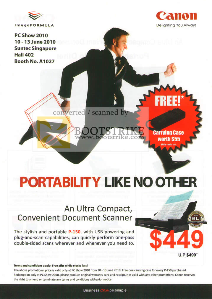 PC Show 2010 price list image brochure of Canon P 150 USB Compact Convenient Document Scanner