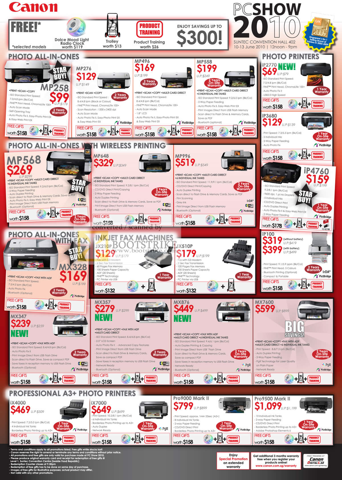 PC Show 2010 price list image brochure of Canon Printers Photo MP258 MP276 MP496 MP558 I 2770 MP5568 MX328 A3 Professional Ix4000