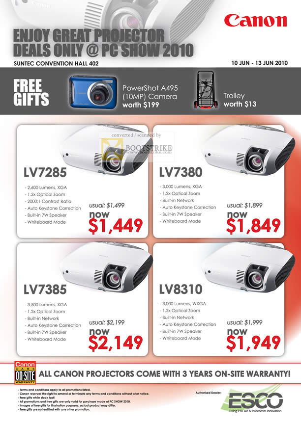 PC Show 2010 price list image brochure of Canon Projectors LV7285 LV7380 LV7385 LV8310