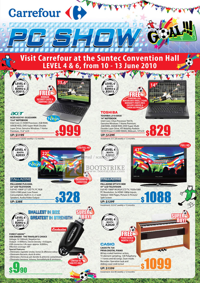 PC Show 2010 price list image brochure of Carrefour Notebooks Acer Toshiba Palladine LED TV LCD Forest Anion Casio Digital Piano