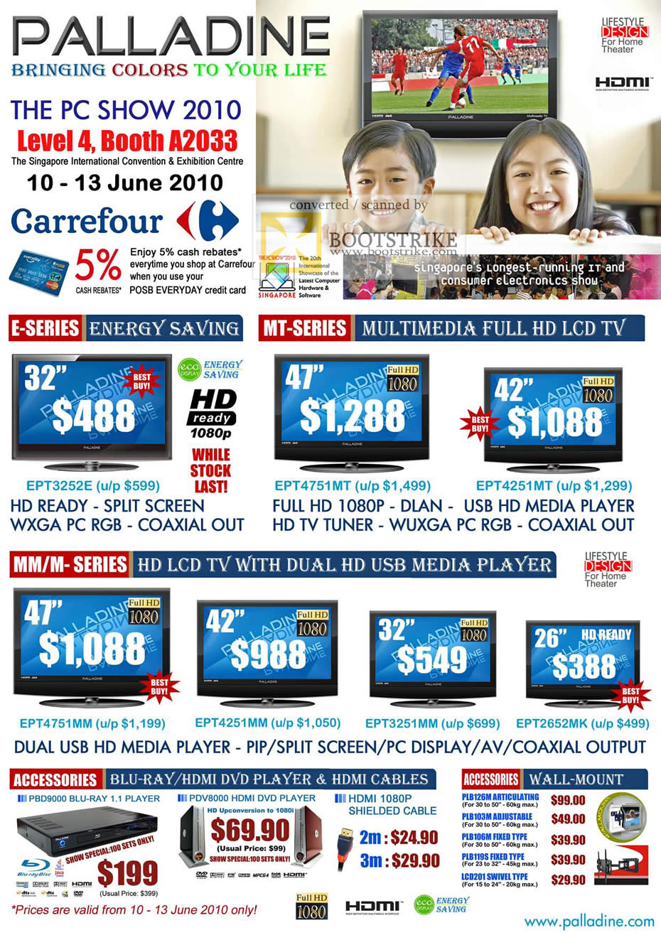 PC Show 2010 price list image brochure of Carrefour Palladine LCD TV Media Player E MT MM M PDV8000 EPT 3252E 4751MT 4251MT 4751MM 4251MM 3251MM 2652MK