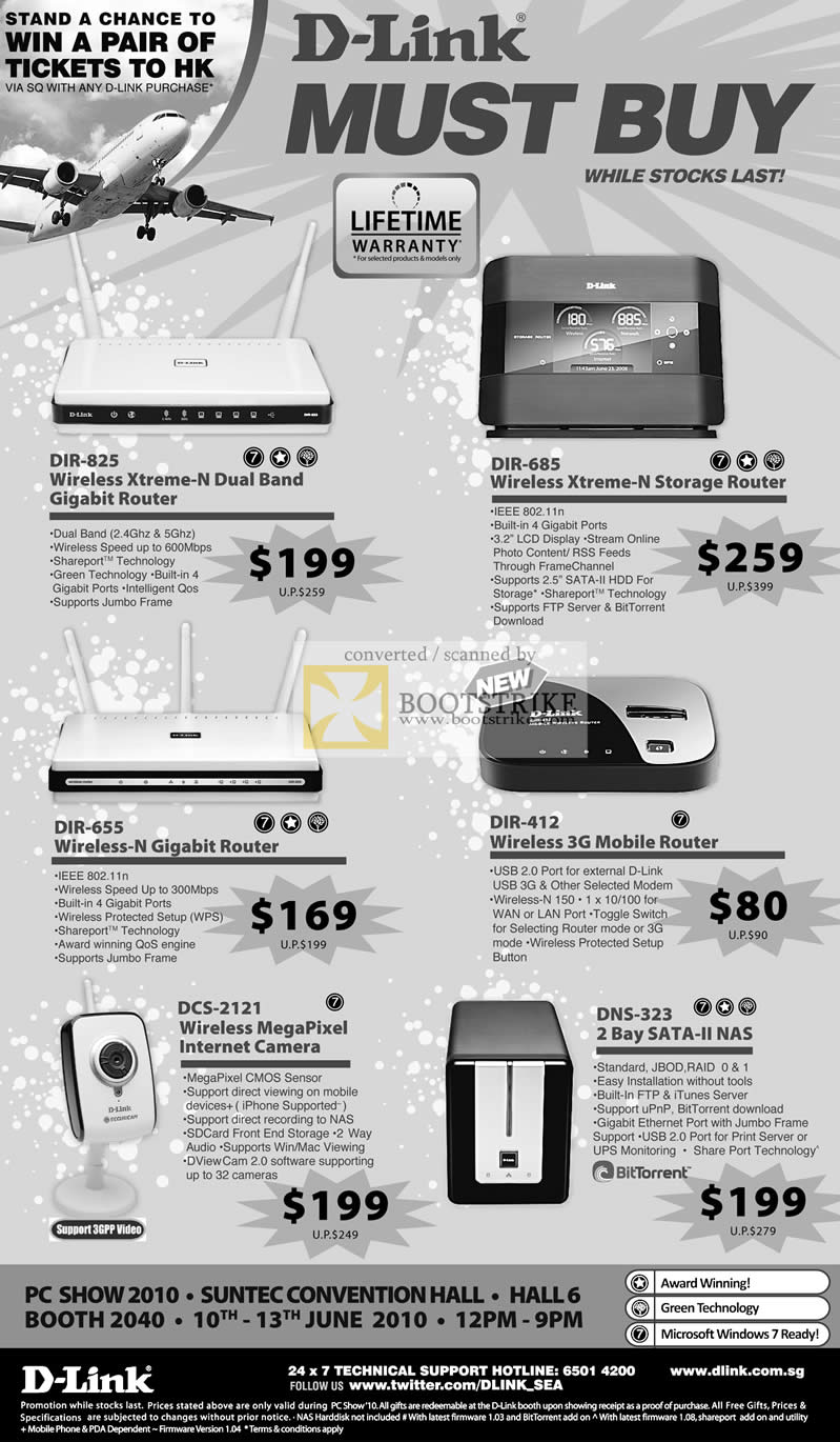 PC Show 2010 price list image brochure of Dlink DIR 825 685 655 412 DCS 2121 DNS 323 Wireless Xtreme N Router Storage Gigabit 3G HSDPA Camera NAS