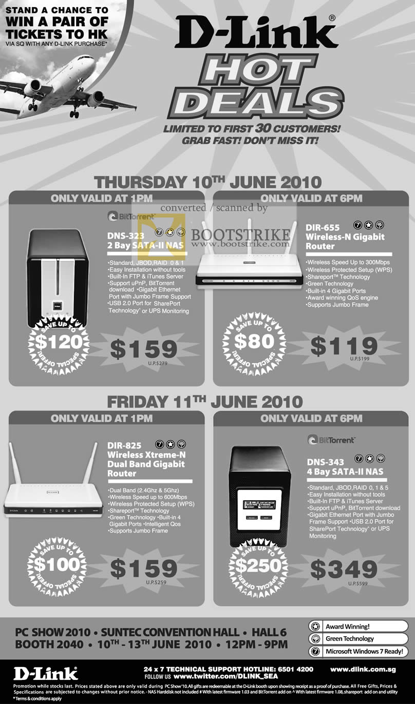 PC Show 2010 price list image brochure of Dlink Hot Deals DNS 323 SATA NAS DIR 655 Wireless N Gigabit Router DIR 825 Dual Band 343 4 Bay NAS