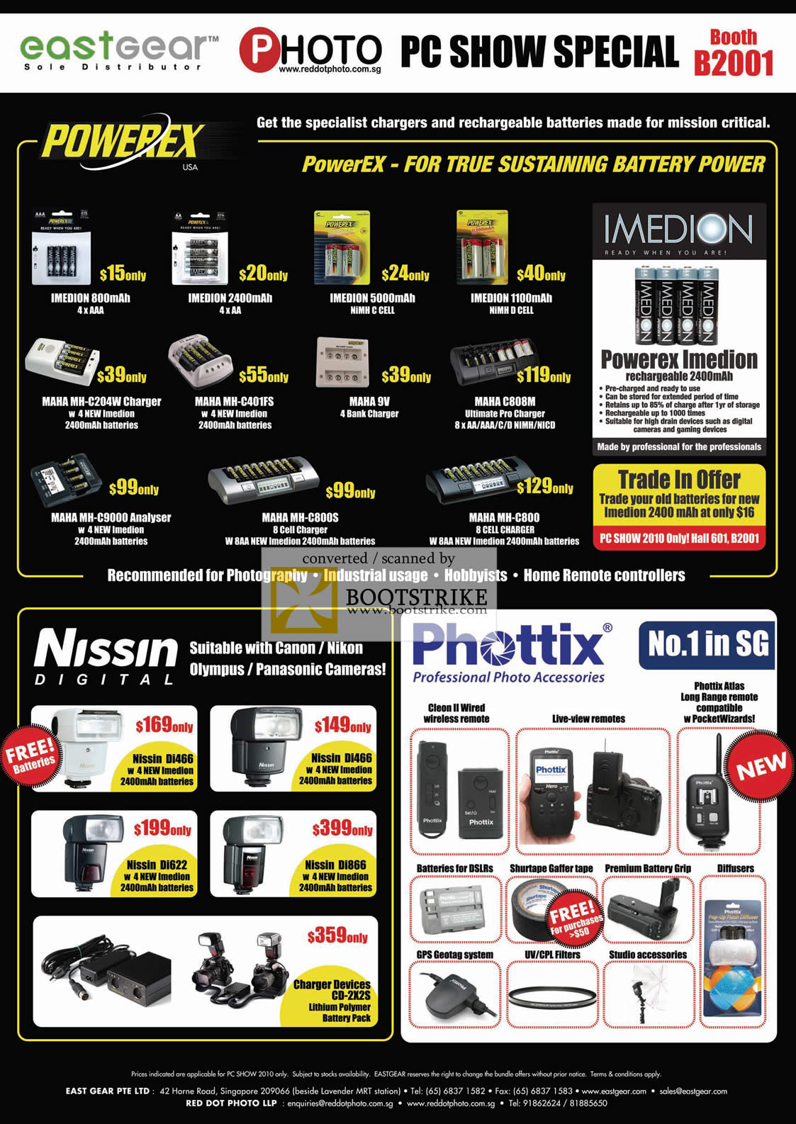 PC Show 2010 price list image brochure of Eastgear Powerex Imedion Rechargeable Batteries Maha Charger Analyser Nissin Digital Flash Phottix Wireless Remote GPS