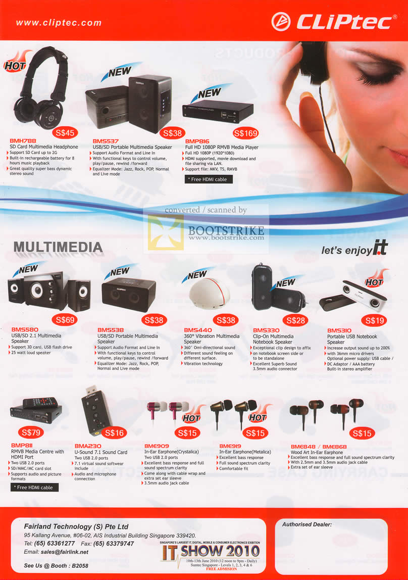 PC Show 2010 price list image brochure of Fairyland Cliptec Headset Speakers BMH788 BMS537 Vibration Portable USB Card Earphone