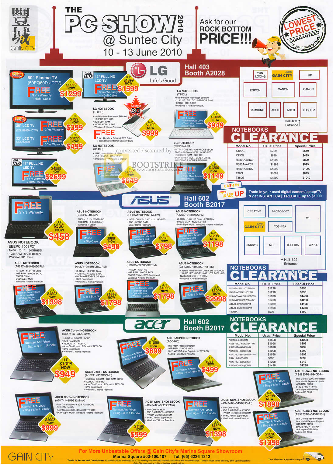 PC Show 2010 price list image brochure of Gain City Plasma LCD TV LG Notebooks ASUS Acer Aspire