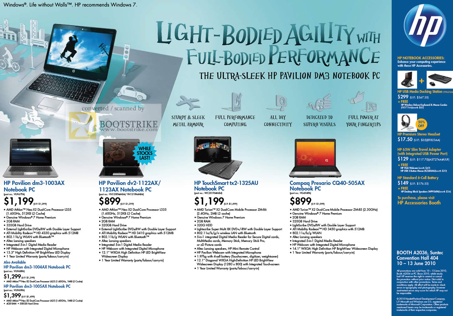 PC Show 2010 price list image brochure of HP AMD Notebooks Pavilion DM3 1003AX DV2 1122AX TouchSmart TX2 1325AU CQ40 Compaq Presario 505AX