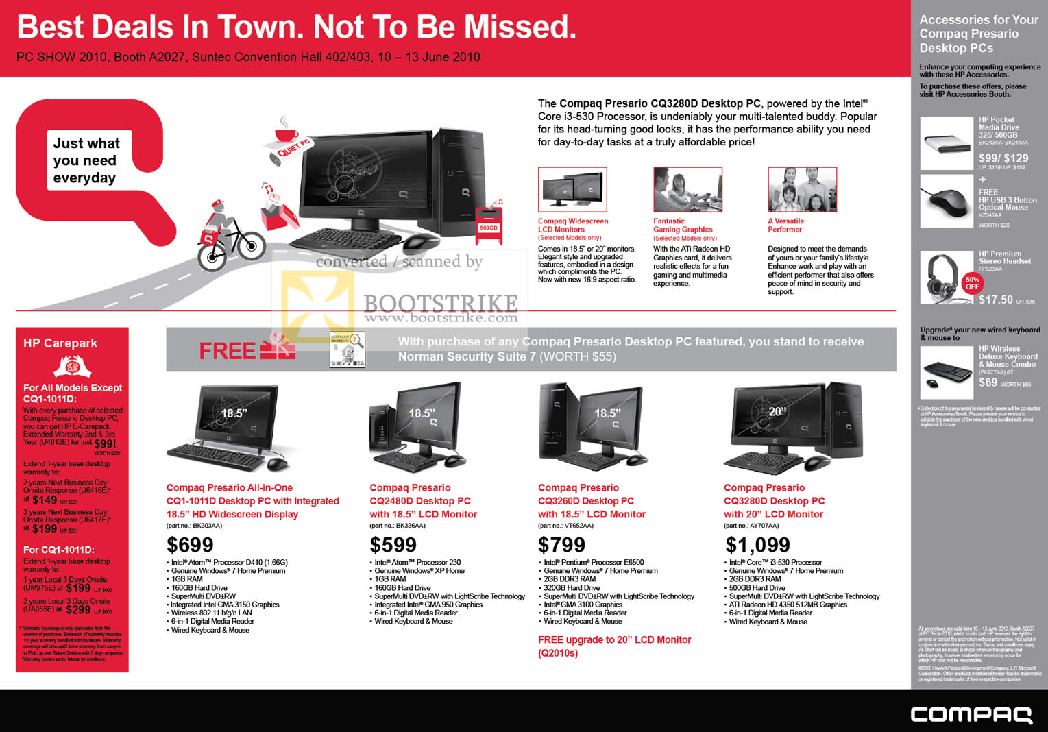 PC Show 2010 price list image brochure of HP Compaq Presario Desktops CQ1 1011D CQ2480D CQ3260D CS3280D