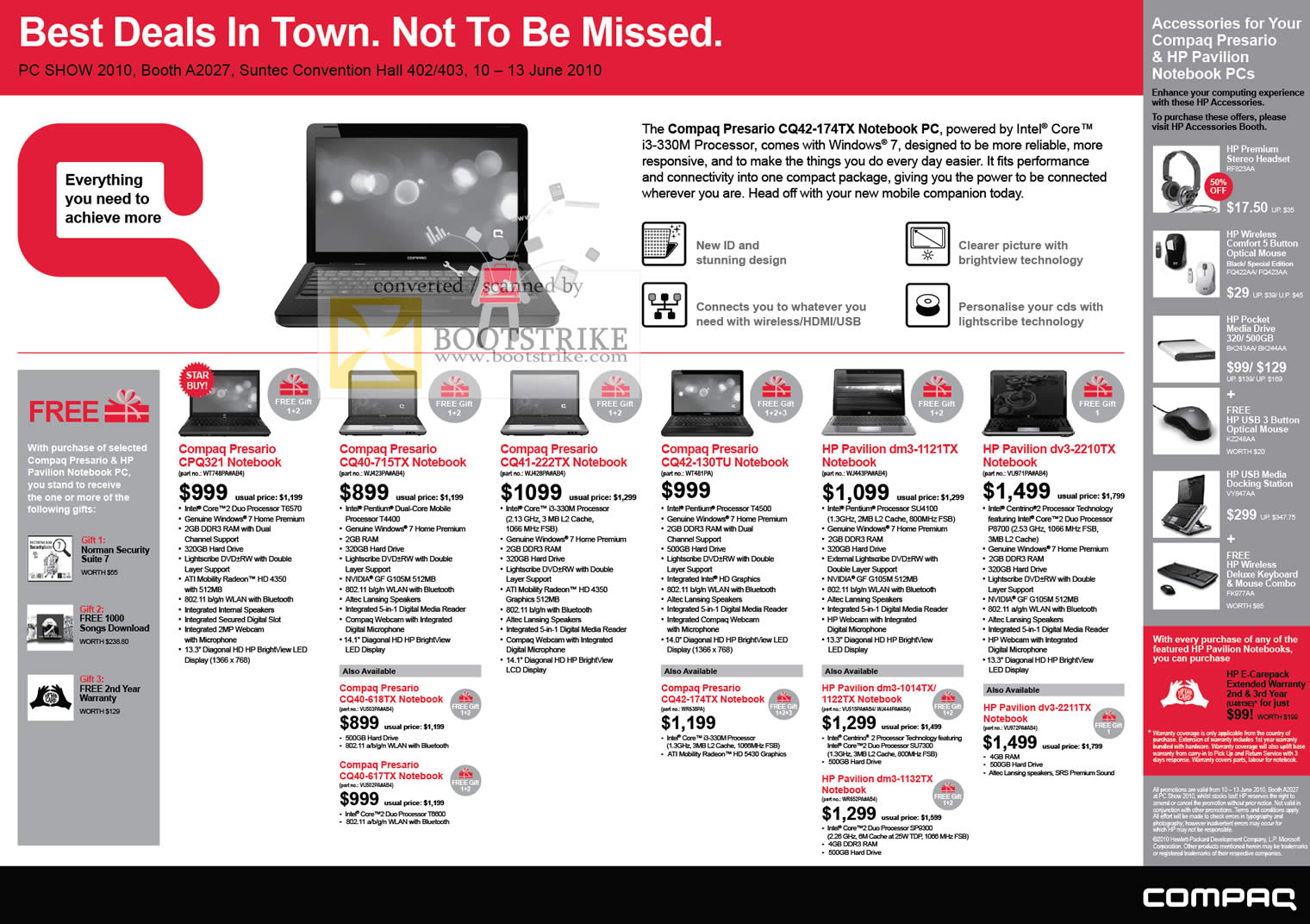 PC Show 2010 price list image brochure of HP Compaq Presario Notebooks CPQ321 CQ40 715TX 222TX CQ42 130TU Pavilion DM3 1121TX DV3 2210TX