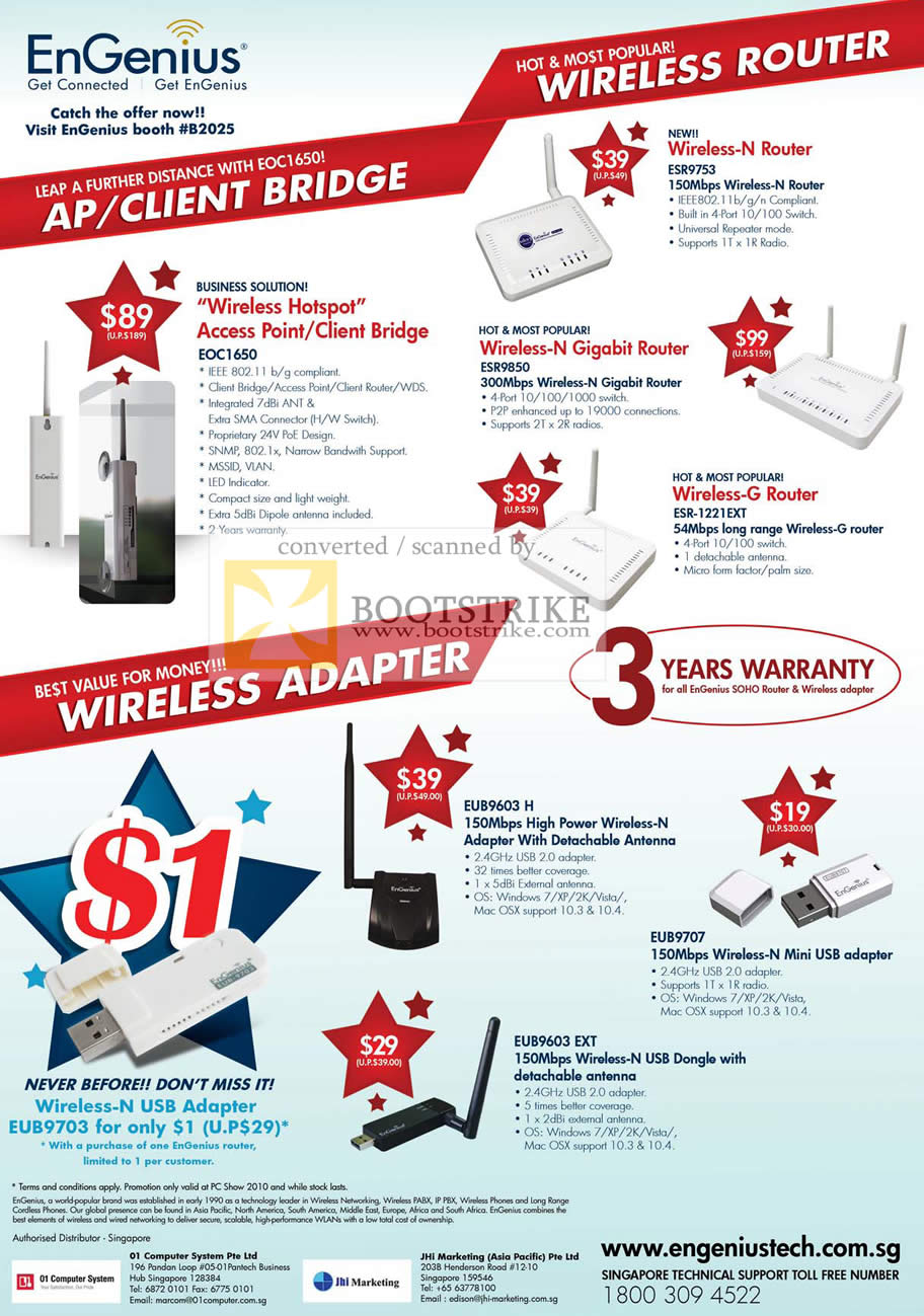 PC Show 2010 price list image brochure of JHI Engenius Wireless Router Business EOC1650 ESR9753 ESR9850 ESR 1221EXT USB Adapter EUB9603H EUB9707 EUB9603 N