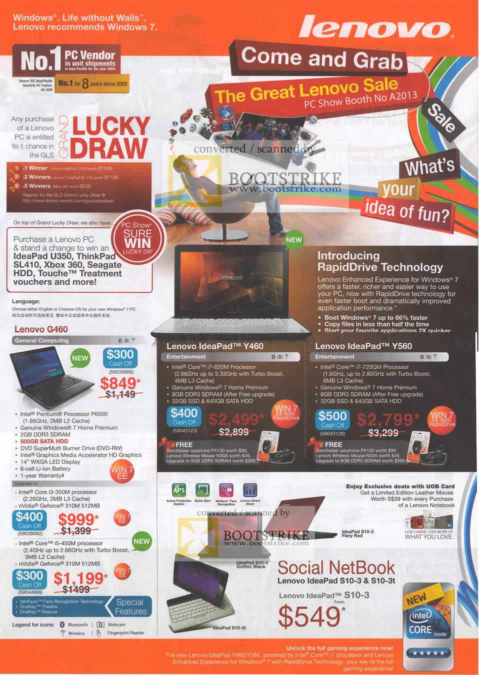 PC Show 2010 price list image brochure of Lenovo RapidDrive Notebooks IdeaPad Y460 G460 Netbook S10 3 3t