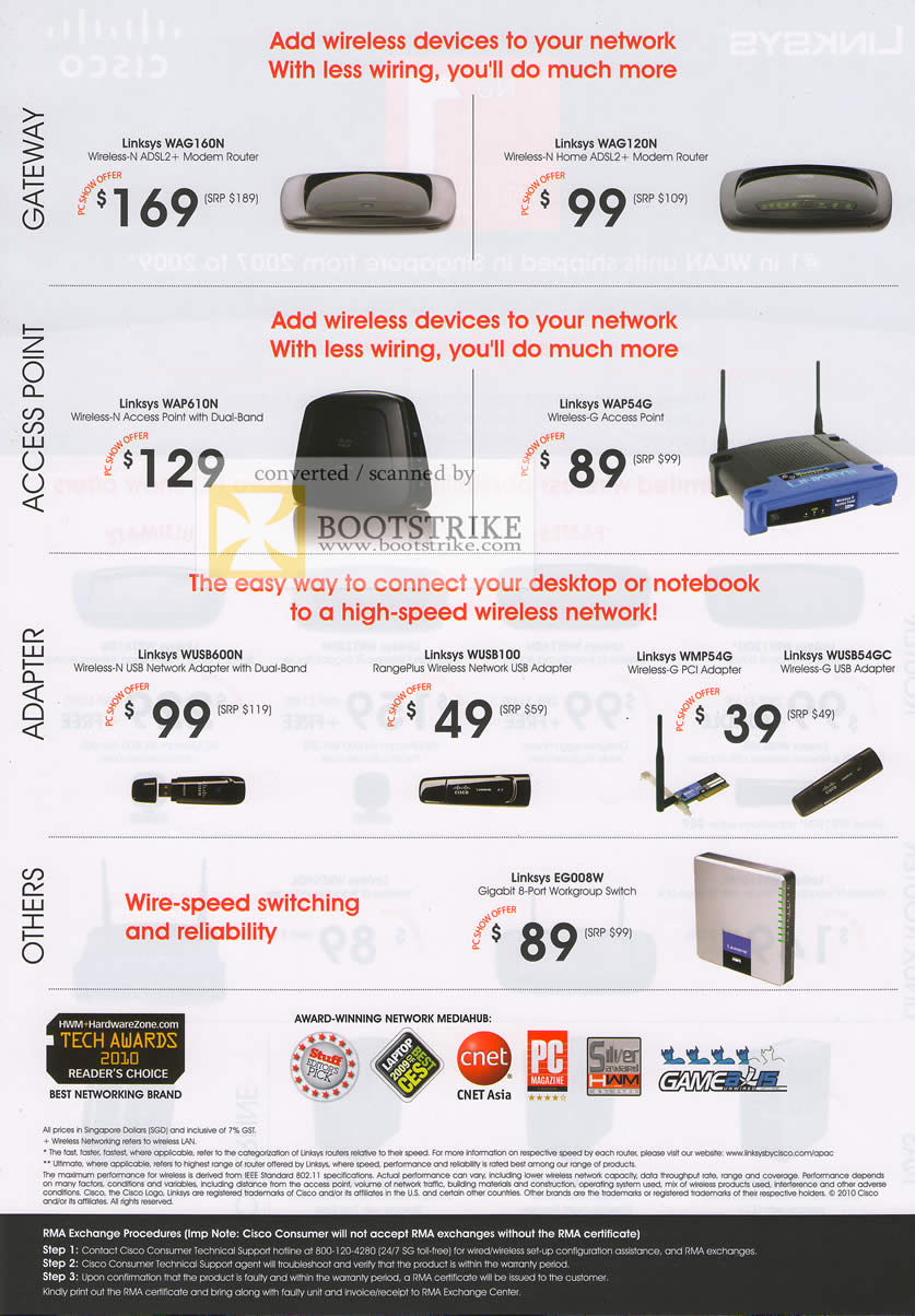 PC Show 2010 price list image brochure of Linksys Cisco Router WAG160N WAG120N WAP610N WAP54G Adapter WMP54G Adapter USB RangePlus Switch