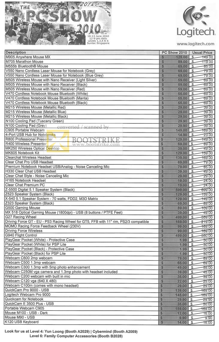 PC Show 2010 price list image brochure of Logitech Mouse Laser Nano Cordless Wireless Webcam QuickCam Presenter Speaker Wheel Mic Headset