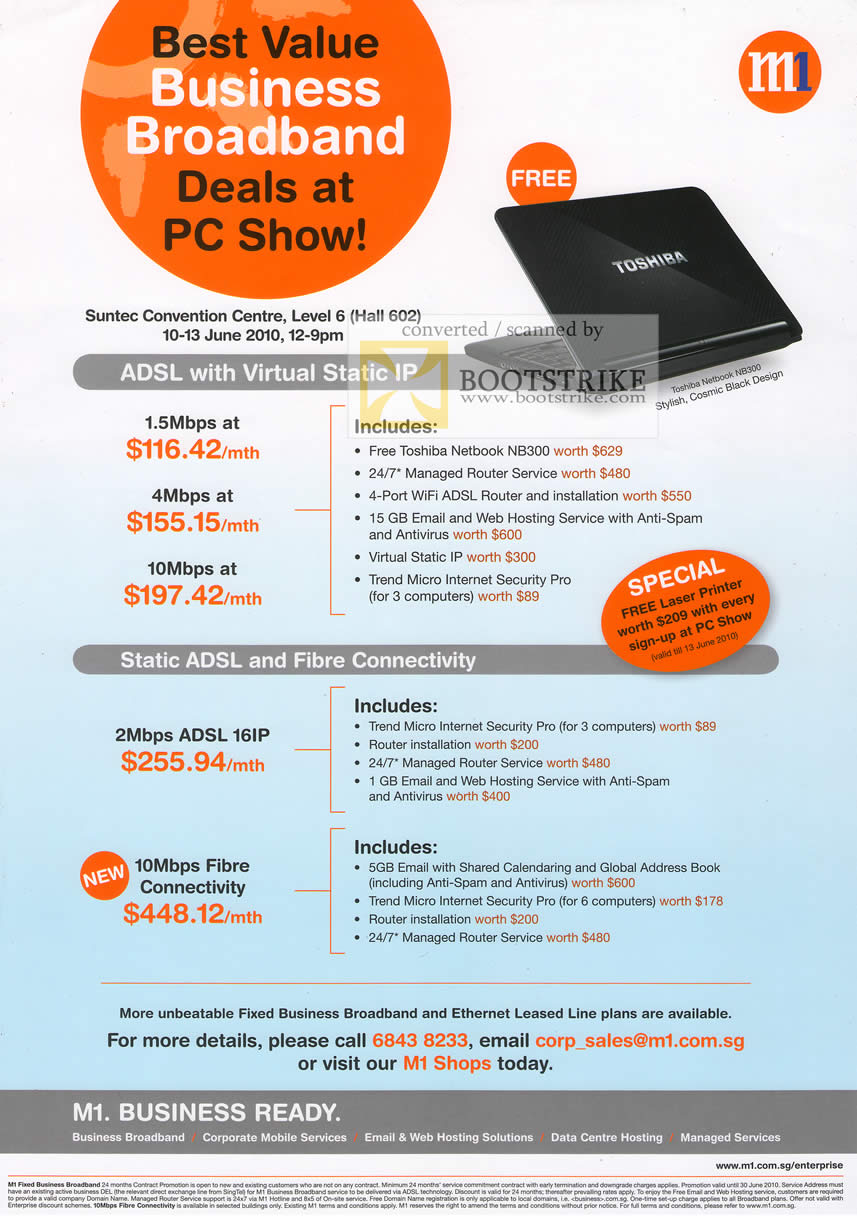 PC Show 2010 price list image brochure of M1 Business Broadband ADSL Fibre Toshiba Netbook N8300