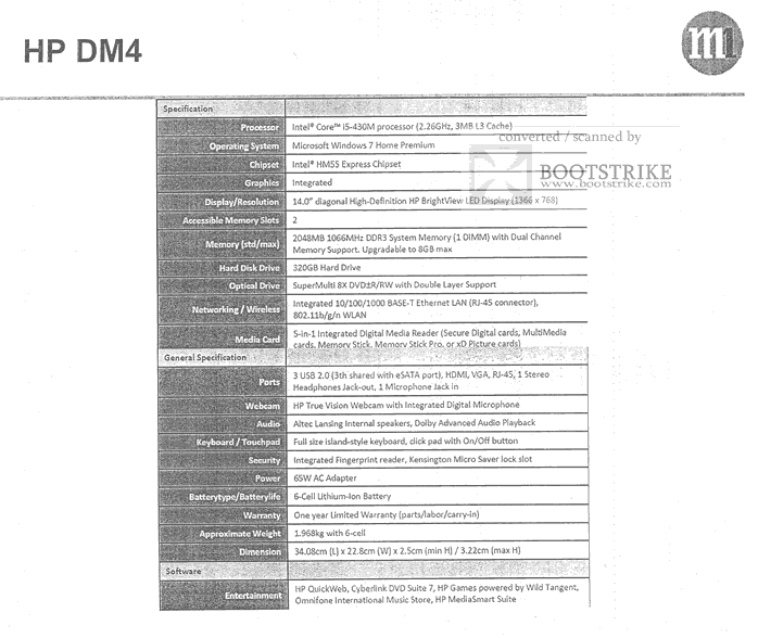 PC Show 2010 price list image brochure of M1 HP DM4 Specifications