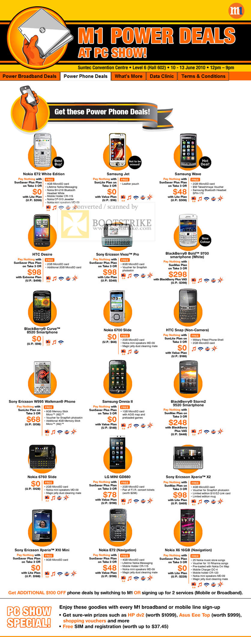 PC Show 2010 price list image brochure of M1 Mobile Phones Nokia Samsung Jet Wave HTC Sony Ericsson BlacKBerry Bold LG Mini