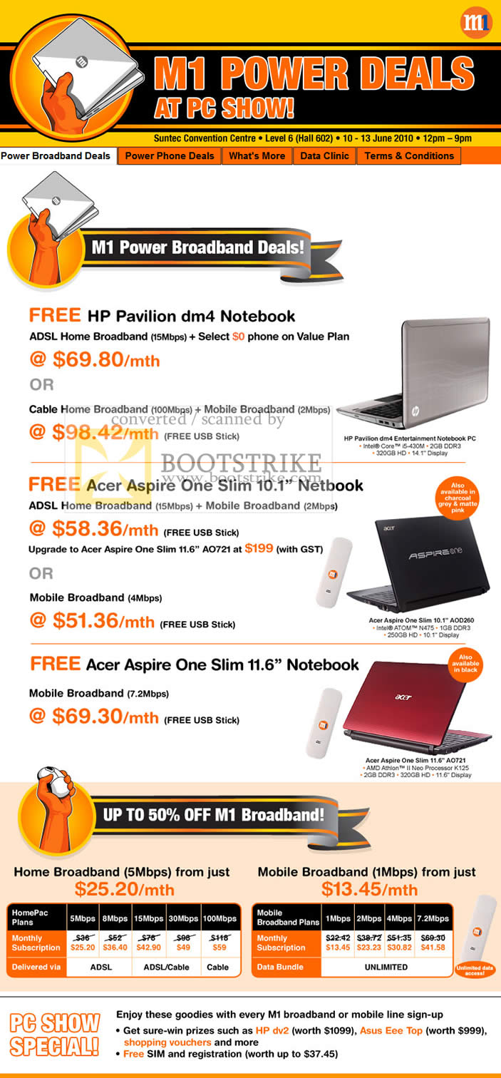 PC Show 2010 price list image brochure of M1 Power Broadband Mobile Free HP Pavilion DM4 Notebook Acer Aspire One Slim Netbook