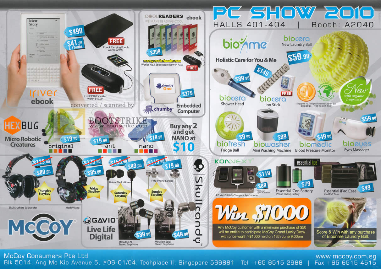 PC Show 2010 price list image brochure of Mccoy IRiver EBook HexBug CoolReaders Biome Gavio Headset Earphone Konnext Battery