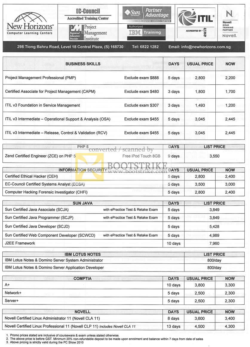 PC Show 2010 price list image brochure of New Horizons B2064 Project ITIL V3 CAPM PHP 5 Zend Certified Engineer ZCE CEH ECSA CHFI Sun Java IBM Lotus Notes