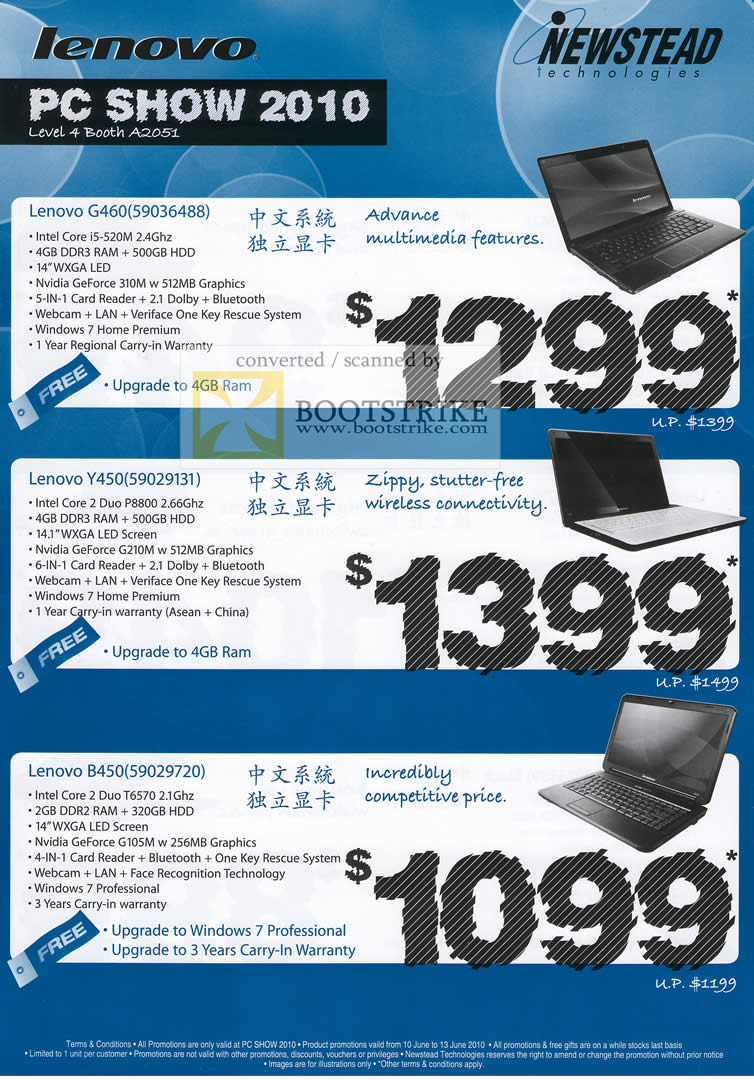 PC Show 2010 price list image brochure of Newstead Technologies Notebooks Lenovo G460 59036488 Y450 59029131 B450