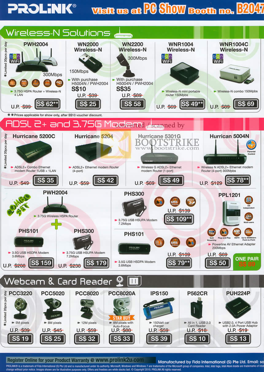 PC Show 2010 price list image brochure of Prolink Wireless N Router PWH2004 WN2000 USB Adapter ADSL Modem Hurricane Webcam PCC3220 Card Reader