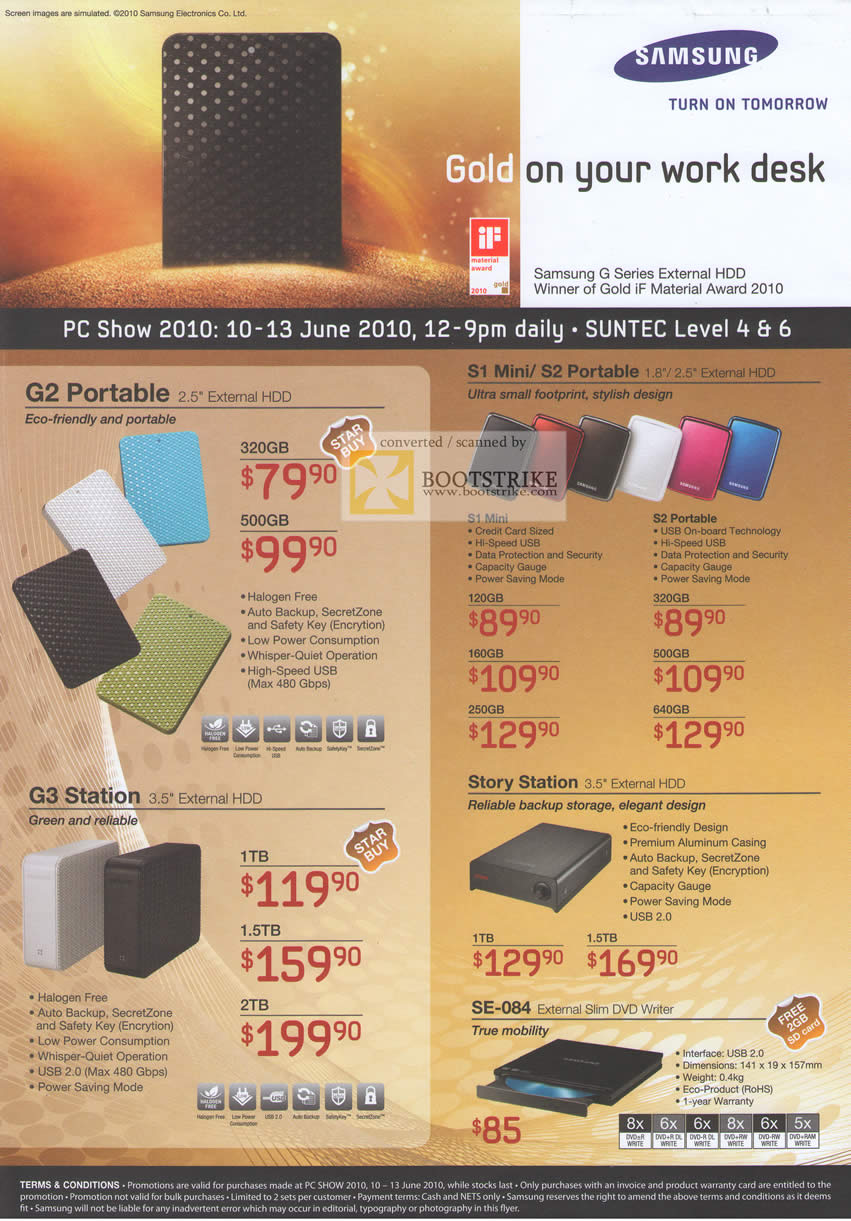 PC Show 2010 price list image brochure of Samsung External Storage G2 Portable S1 Mini S2 Portable Story Station G3 Station SE 084