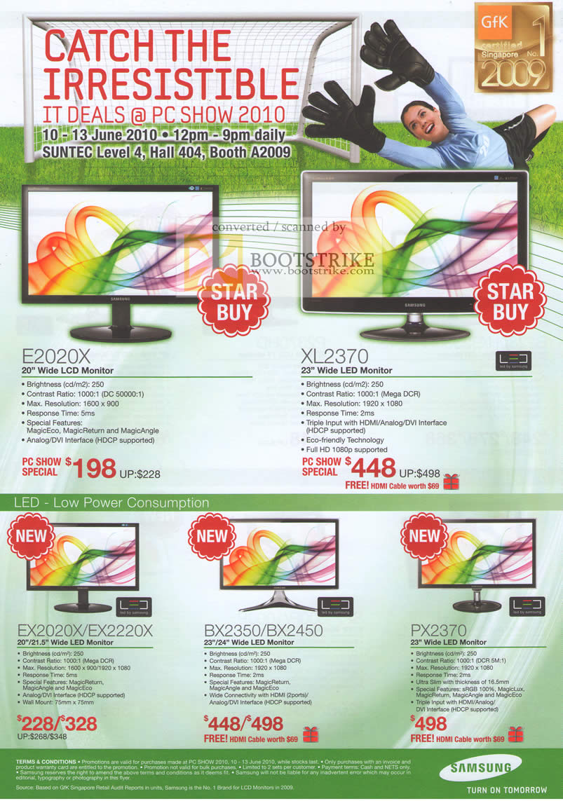 PC Show 2010 price list image brochure of Samsung LCD LED Monitors E2020X XL2370 EX2220X BX2350 BX2450 PX2370