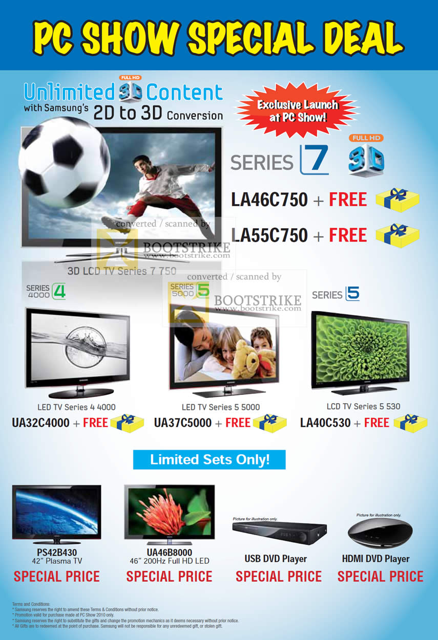 PC Show 2010 price list image brochure of Samsung Series 7 3D LCD TV 750 4 4000 5 5000 530 USB DVD Player HDMI LED 200Hz