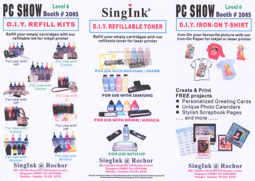 PC Show 2010 price list image brochure of Singink Printer Refill Kits Toner Iron On T Shirt HP Canon Brother