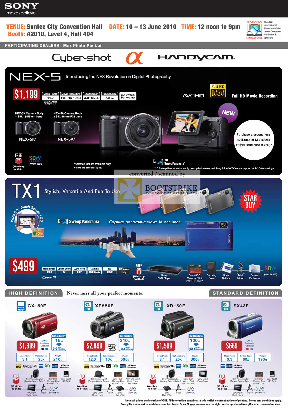 PC Show 2010 price list image brochure of Sony Alpha Cybershot Handycam NEX 5 5K 5A TX1 Digital Camera Camcorder DSLR CX150E XR550E XR150E SX43E