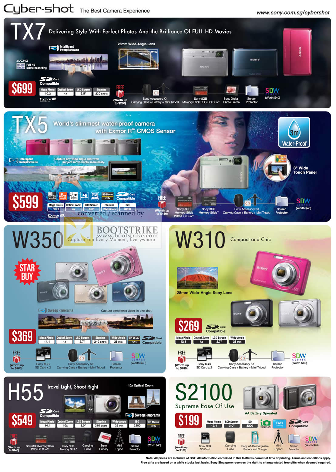 PC Show 2010 price list image brochure of Sony Cybershot Digital Cameras TX7 TX5 W350 W310 H55 S210